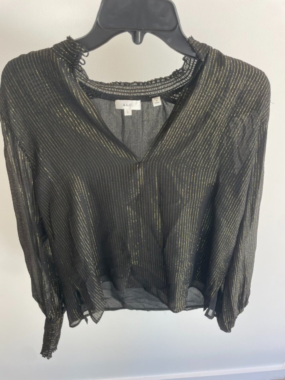 A.L.C. Black Sheer Metallic Gold Stripe Smocked Blouse Size 4